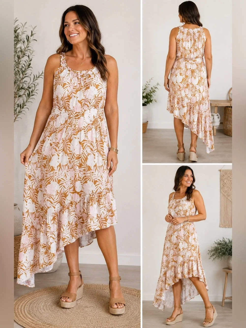 SO Plus Tropical Leaf Print Sleeveless Midi Dress Women’s Pink Tan